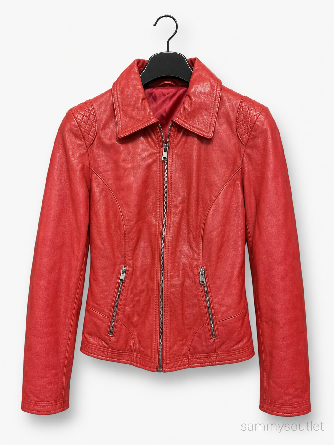Red women's coat with leather-look finish on hanger for resellers and outlet fashion